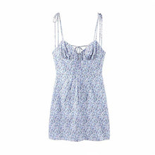 Load image into Gallery viewer, Summer Retro Boho Tie Neck Floral Print Spaghetti Strap Dress Women Purple Blue Elegant Puff Sleeve Y2k Party Beach Light Dress