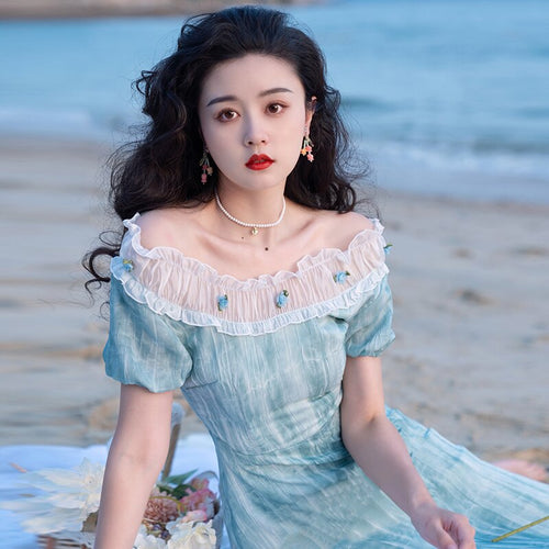 Summer Romantic Fairy Dress Vintage French Style Blue Tie Dye Slash Neck Elegant Lady Midi Dresses Gorgeous Vestido Festa