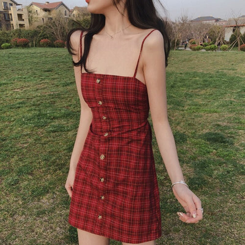 Summer Sexy Backless Buttons Spaghetti Strap Mini Dresses For Women Casual New Arrival 2021 Plaid Bow Dress Woman Gothic Clothes