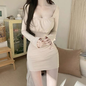 Summer Sexy Bras Dresses Sleepwear Low Cut Puff Sleeve Short Mini Dress Women Square Collar Bodycon Dress Party Office Lady
