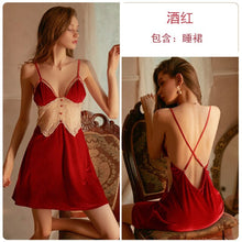 Load image into Gallery viewer, Summer Sexy Deep V Cross Backless Suspender Home Service Dress Women&#39;s Clothing Retro Velvet Button Lace Pajamas Nightdress