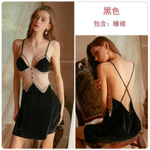 Load image into Gallery viewer, Summer Sexy Deep V Cross Backless Suspender Home Service Dress Women&#39;s Clothing Retro Velvet Button Lace Pajamas Nightdress