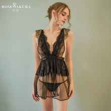 Load image into Gallery viewer, Summer Sexy Lace Sling Ladies Nightdress Polka Dot Mesh Side Slit Sleepwear Suit Lingerie Women White Black Nightgown Sleepwear