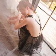 Load image into Gallery viewer, Summer Sexy Mesh Women Nightwear Black White Lace Embroidery Wing V-Neck Sleeveless Open Back Mini Night Dress Gecelik Nighty