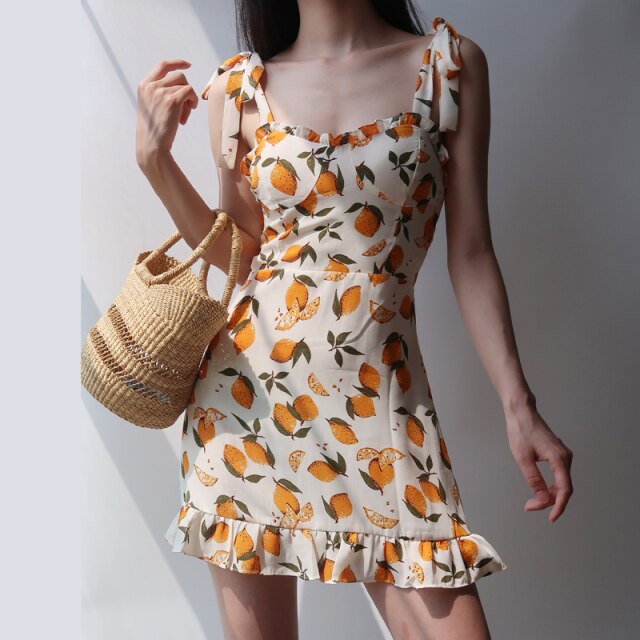 Summer Sexy Mini Lemon Yellow Floral Print Spaghetti Strap Dress Women White Elegant Beach Light Party Dress Girl Boho Robe 2021