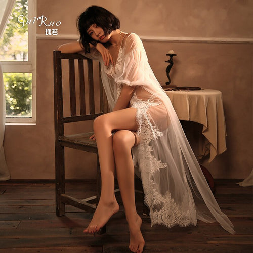 Summer Sexy Nightwear Long Sleeve Exotic Sleepdress Lingerie for Women Transparent Lace Ladies Home Wear Robe Bathrobe Set 2Pcs