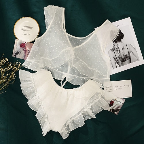 Summer Sexy Pajamas for Women Sleepwear Ladies Lace Perspective  Top and Short Suit Dot Pink White Cute Girl Sleepdress Lingerie