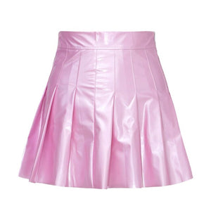 Summer Sexy Shiny Glossy High Waist Mini PU Leather Skirt Bottoms Club Party Dance Shiny Holographic Metallic Pleated Skirts