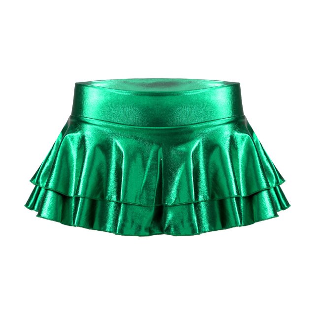 Summer Sexy Shiny Metallic Low Waist PU Leather Miniskirt Club Party Dance Skirts Metallic Double Layered Ruffled Mini Skirts