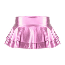 Load image into Gallery viewer, Summer Sexy Shiny Metallic Low Waist PU Leather Miniskirt Club Party Dance Skirts Metallic Double Layered Ruffled Mini Skirts