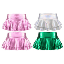 Load image into Gallery viewer, Summer Sexy Shiny Metallic Low Waist PU Leather Miniskirt Club Party Dance Skirts Metallic Double Layered Ruffled Mini Skirts