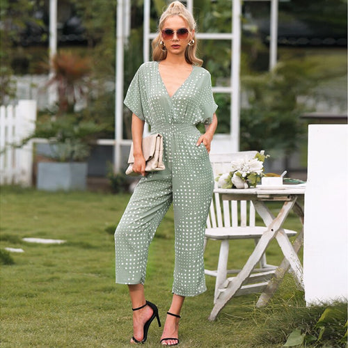 Summer Sexy V-neck Rompers Women Jumpsuit Polka Dot Print Short Sleeve High Waist Straight Loose Plus Size Streetwear Jumpsuits