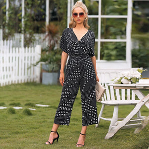 Summer Sexy V-neck Rompers Women Jumpsuit Polka Dot Print Short Sleeve High Waist Straight Loose Plus Size Streetwear Jumpsuits