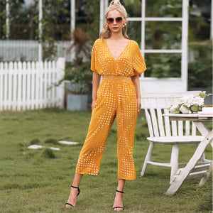 Summer Sexy V-neck Rompers Women Jumpsuit Polka Dot Print Short Sleeve High Waist Straight Loose Plus Size Streetwear Jumpsuits