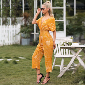 Summer Sexy V-neck Rompers Women Jumpsuit Polka Dot Print Short Sleeve High Waist Straight Loose Plus Size Streetwear Jumpsuits