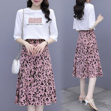 Load image into Gallery viewer, Summer Skirt Suit Women cotton half sleeve dress suit leopard print Fishtail skirt T-shirt Pullover Tops Fashion 2 Piece Sets