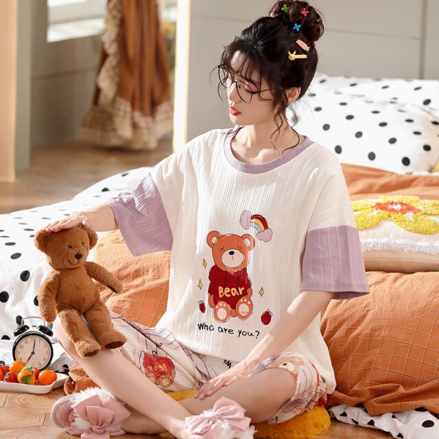 Summer Sleep Tops Cartoon Short Sleeved Pajamas Set For Women Large Size Cute Female Leisure Sleepwear Fashion 2 Pieces Sets 5XL