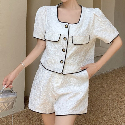 Summer Small Fragrance Fashion 2 Piece Sets Womens Outfits Bubble Sleeve Button Crop Top+ Wide Leg Shorts 2021 Female Streetwear