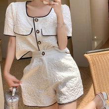 Load image into Gallery viewer, Summer Small Fragrance Fashion 2 Piece Sets Womens Outfits Bubble Sleeve Button Crop Top+ Wide Leg Shorts 2021 Female Streetwear