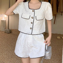 Load image into Gallery viewer, Summer Small Fragrance Fashion 2 Piece Sets Womens Outfits Bubble Sleeve Button Crop Top+ Wide Leg Shorts 2021 Female Streetwear