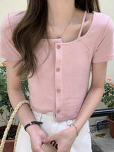 Load image into Gallery viewer, Summer Solid Kawaii Blouse Tops Women Korean Designer Fit Chic Casual Sweet Blouse Shirt O-Neck Asymmetric Outing Y2k Tops