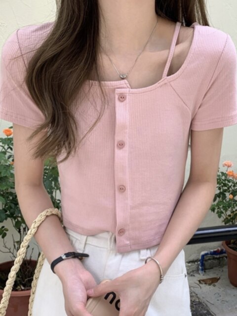 Summer Solid Kawaii Blouse Tops Women Korean Designer Fit Chic Casual Sweet Blouse Shirt O-Neck Asymmetric Outing Y2k Tops