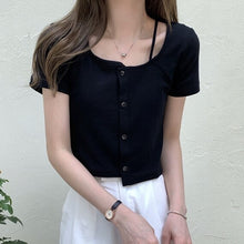 Load image into Gallery viewer, Summer Solid Kawaii Blouse Tops Women Korean Designer Fit Chic Casual Sweet Blouse Shirt O-Neck Asymmetric Outing Y2k Tops
