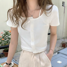Load image into Gallery viewer, Summer Solid Kawaii Blouse Tops Women Korean Designer Fit Chic Casual Sweet Blouse Shirt O-Neck Asymmetric Outing Y2k Tops