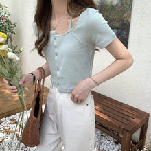 Load image into Gallery viewer, Summer Solid Kawaii Blouse Tops Women Korean Designer Fit Chic Casual Sweet Blouse Shirt O-Neck Asymmetric Outing Y2k Tops