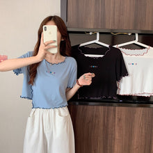 Load image into Gallery viewer, Summer Solid Kawaii Casual Blouse Shirt for Women Korean Design High Waist Sweet Blouse Tops Short Sleeve Fashion Blouse 2021