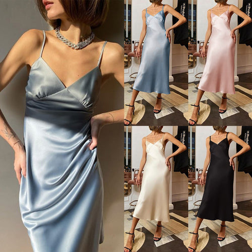 Summer Spaghetti Straps Sleeveless Dress Women Satin Vestidos Sexy Deep V Neck Elastic Midi Dress Elegant Evening Party Dress