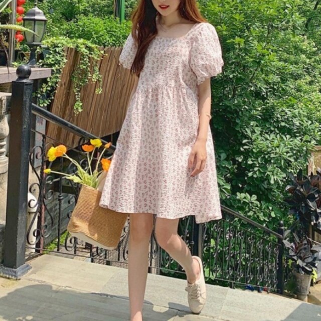 Summer Sweet Floral Dress Women Elegant Korean Casual Princess Cute Dress Female Kawaii Chic Puff Sleeve Holiday Boho Dress 2021