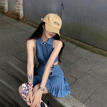 Load image into Gallery viewer, Summer Sweet Two Piece Skirt Set for Women High Waist Casual Cowboy Tops Skirt Suit Female Sexy Mini Blouse Tops Pleated Skirt