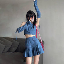 Load image into Gallery viewer, Summer Sweet Two Piece Skirt Set for Women High Waist Casual Cowboy Tops Skirt Suit Female Sexy Mini Blouse Tops Pleated Skirt