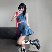 Load image into Gallery viewer, Summer Sweet Two Piece Skirt Set for Women High Waist Casual Cowboy Tops Skirt Suit Female Sexy Mini Blouse Tops Pleated Skirt