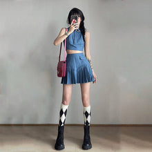 Load image into Gallery viewer, Summer Sweet Two Piece Skirt Set for Women High Waist Casual Cowboy Tops Skirt Suit Female Sexy Mini Blouse Tops Pleated Skirt