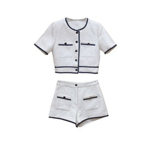 Load image into Gallery viewer, Summer Temperament Small Fragrance Women Tweed O-Neck Short Sleeve Single-Breasted Crop Top + High Waist Shorts 2 Piece Sets