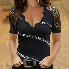 Load image into Gallery viewer, Summer Tops Womens T Shirt Slim V-Neck Casual Ladies Pullovers Short Sleeve Fashion Hot Drilling Female Lace Patchwork T-Shirts