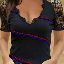 Load image into Gallery viewer, Summer Tops Womens T Shirt Slim V-Neck Casual Ladies Pullovers Short Sleeve Fashion Hot Drilling Female Lace Patchwork T-Shirts