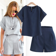 Load image into Gallery viewer, Summer Tracksuit Women Two Piece Set Cotton Linen Solid Pullover Top and Shorts Suits Office Lady Matching Sets Leisure Outfits
