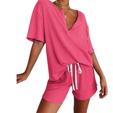 Load image into Gallery viewer, Summer Tracksuit Women Two Piece Set Rib V Neck T Shirt Top and Shorts Pajamas Sets Lounge Wear Ladies Fitness Casual Homewear