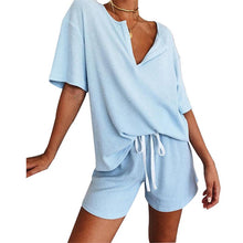 Load image into Gallery viewer, Summer Tracksuit Women Two Piece Set Rib V Neck T Shirt Top and Shorts Pajamas Sets Lounge Wear Ladies Fitness Casual Homewear
