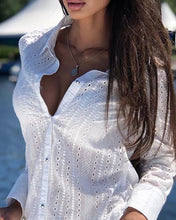 Load image into Gallery viewer, Summer Two Pieces Suits Hollow Out Eyelet Embroidery Buttoned Sexy Top Pocket Design Shorts Set White Long Sleeve Shirts Outfits