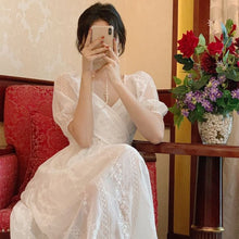 Load image into Gallery viewer, Summer Vintage Fairy White Dress Women 2021 Designer V-Neck Party Elegant Midi Dress Female Puff Sleeve Casual Sweet Dress 2021