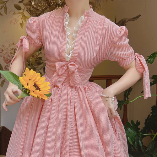 Summer Vintage Pink Striped Dress Retro French Style Puff Sleeve Bow Lace Romantic Princess Dresses For Party Night Robe Rose