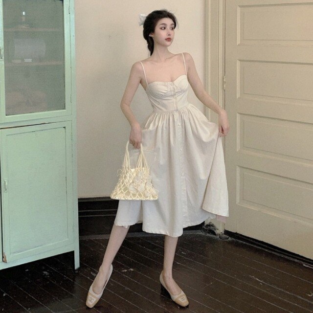 Summer Vintage Strap Dress Women Elegant White Sweet Chic Midi Fairy Dress Female Sexy French Party Night Kawaii Dress 2021 New