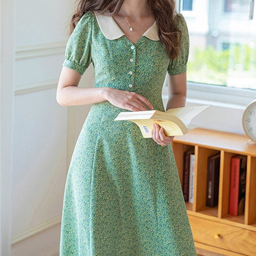 Summer Vintage Sweet Floral Dress 2021 Green Casual Chic V-Neck Elegant Midi Dress Short Sleeve Slim Korean Party Boho Dress