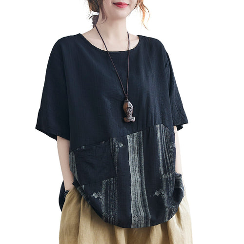 Summer Vintage T-shirt Women Fashion Irregular Splcing Plus Size Short Sleeves Tee Top Boho Holiday Casual Loose Tops Femme 2021