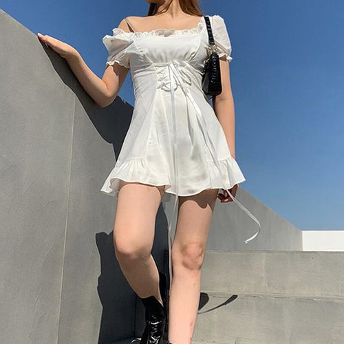 Summer White Elegant Bow Goth Sexy Mini Dress Sleeve Square Collar Lace Up Bodycon Party Dresses Boho Beach Casual Robe Sundress
