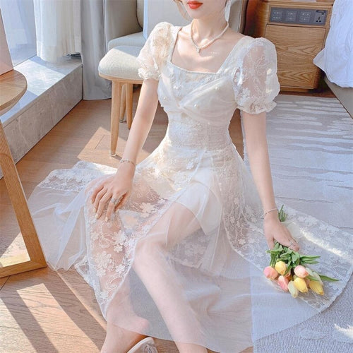 Summer White Fairy Dresses Women Elegant French Vintage Lace Sweet Midi Dress Casual Chic Short Sleeve Princess Party Dress 2021